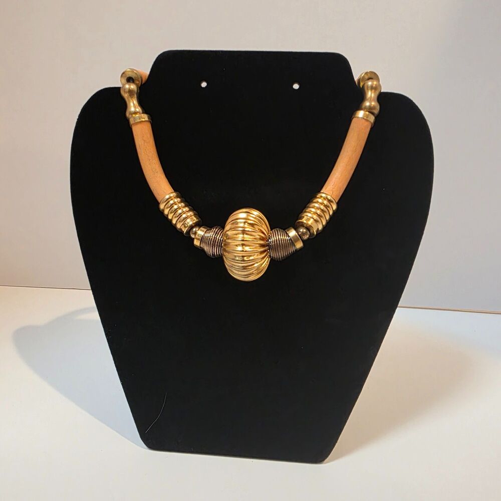 Vintage Gold Statement Necklace Wood Boho Chunky Pendant Retro Natural Earthy